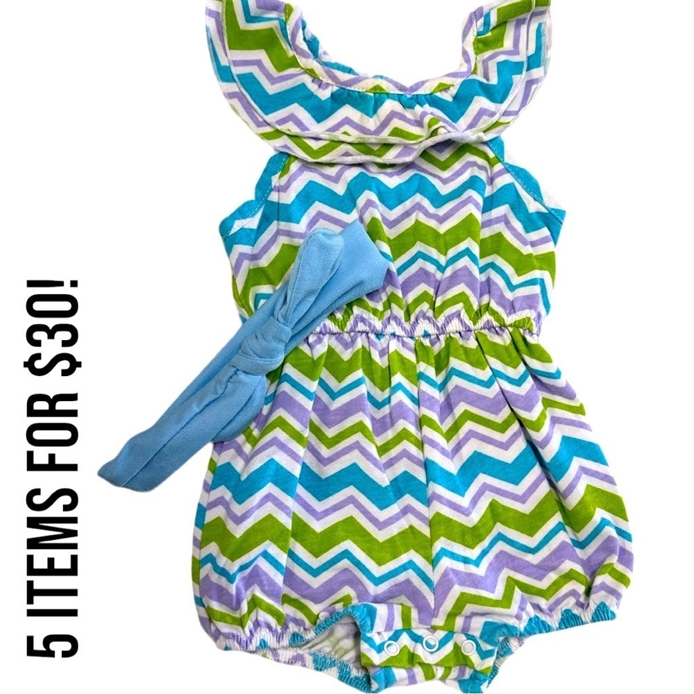 5/$30 Faded Glory 6-9 Baby Girl Romper & Headpiece Matching Outfit